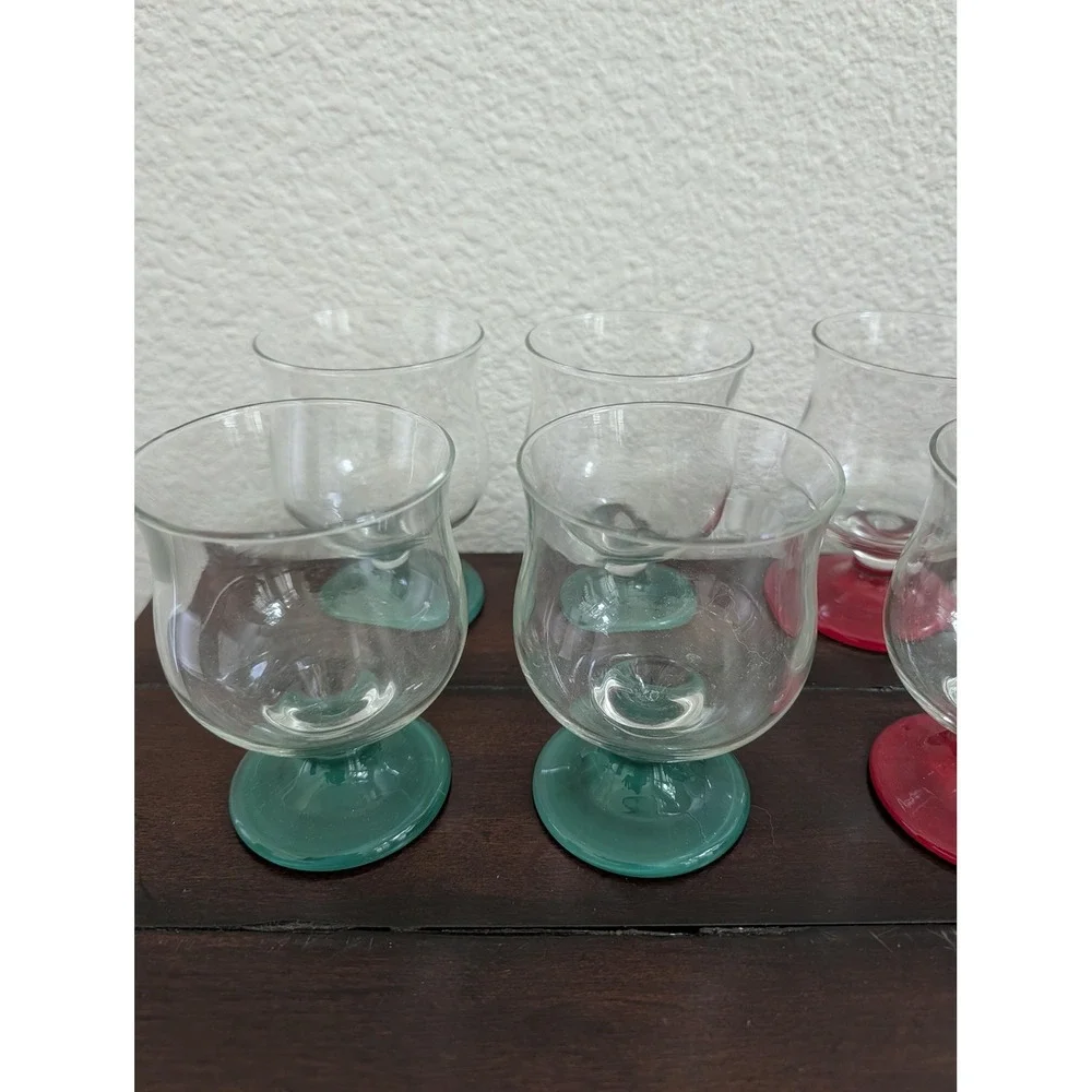 Vtg Luminarc France Colored Base Tulip Glasses Lot of 8 Red Green Pedestal Rare